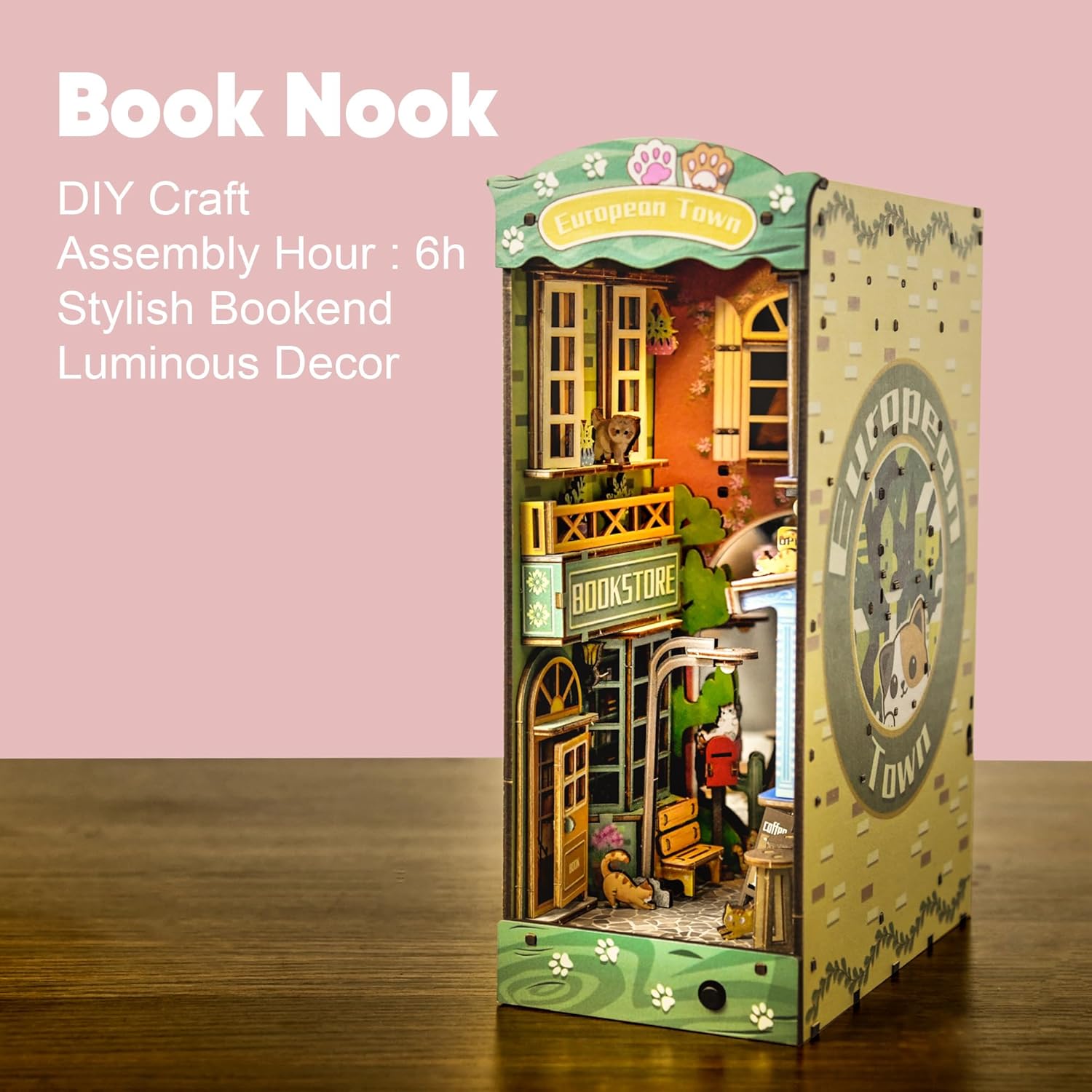 Side view of the Cat Street Gallery book nook insert on a shelf, highlighting the depth and intricate wooden layers.-uFunSpace