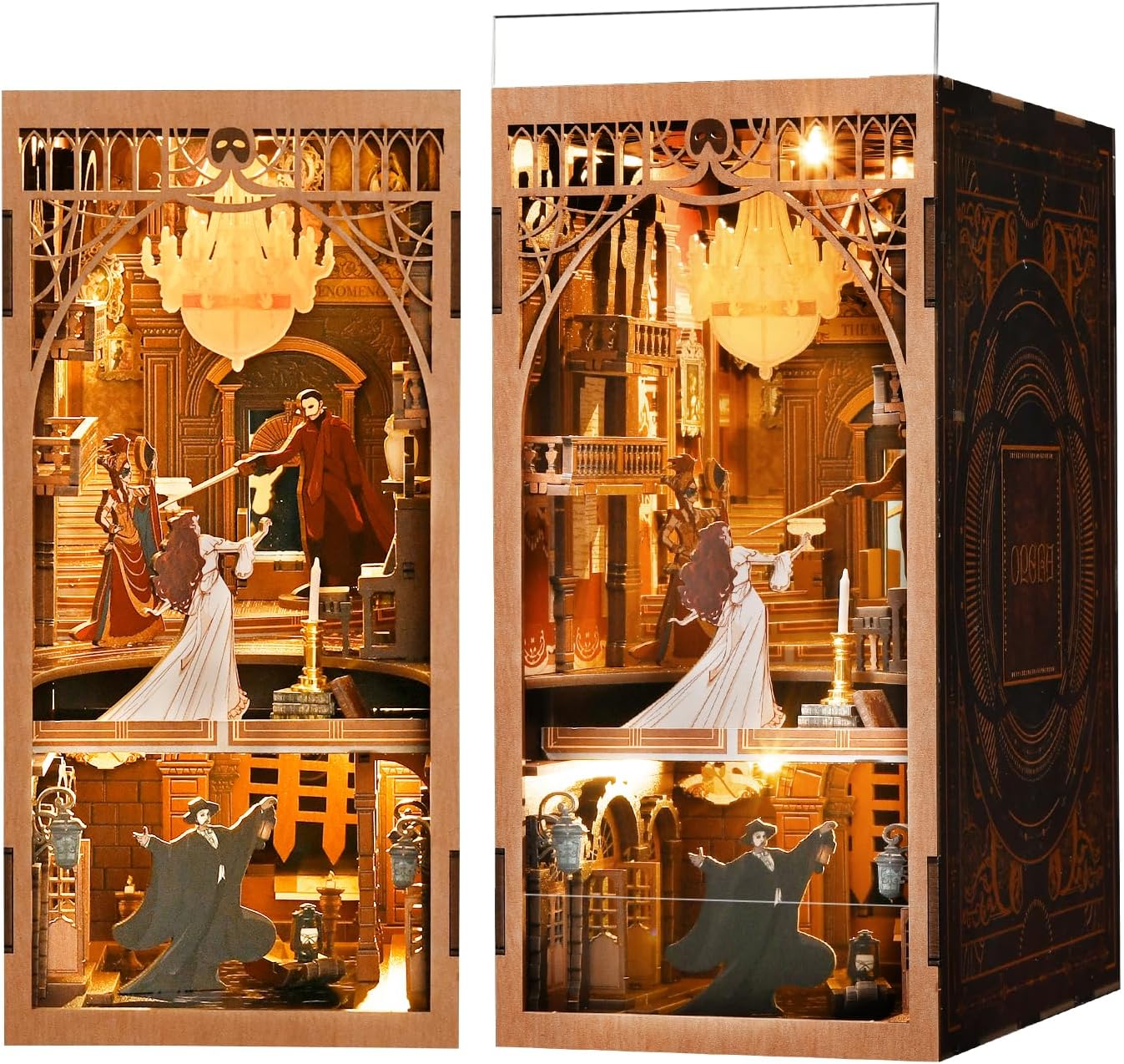 Front and back view of the assembled Phantom of the Opera 3D wooden puzzle showing intricate layers.-uFunSpace