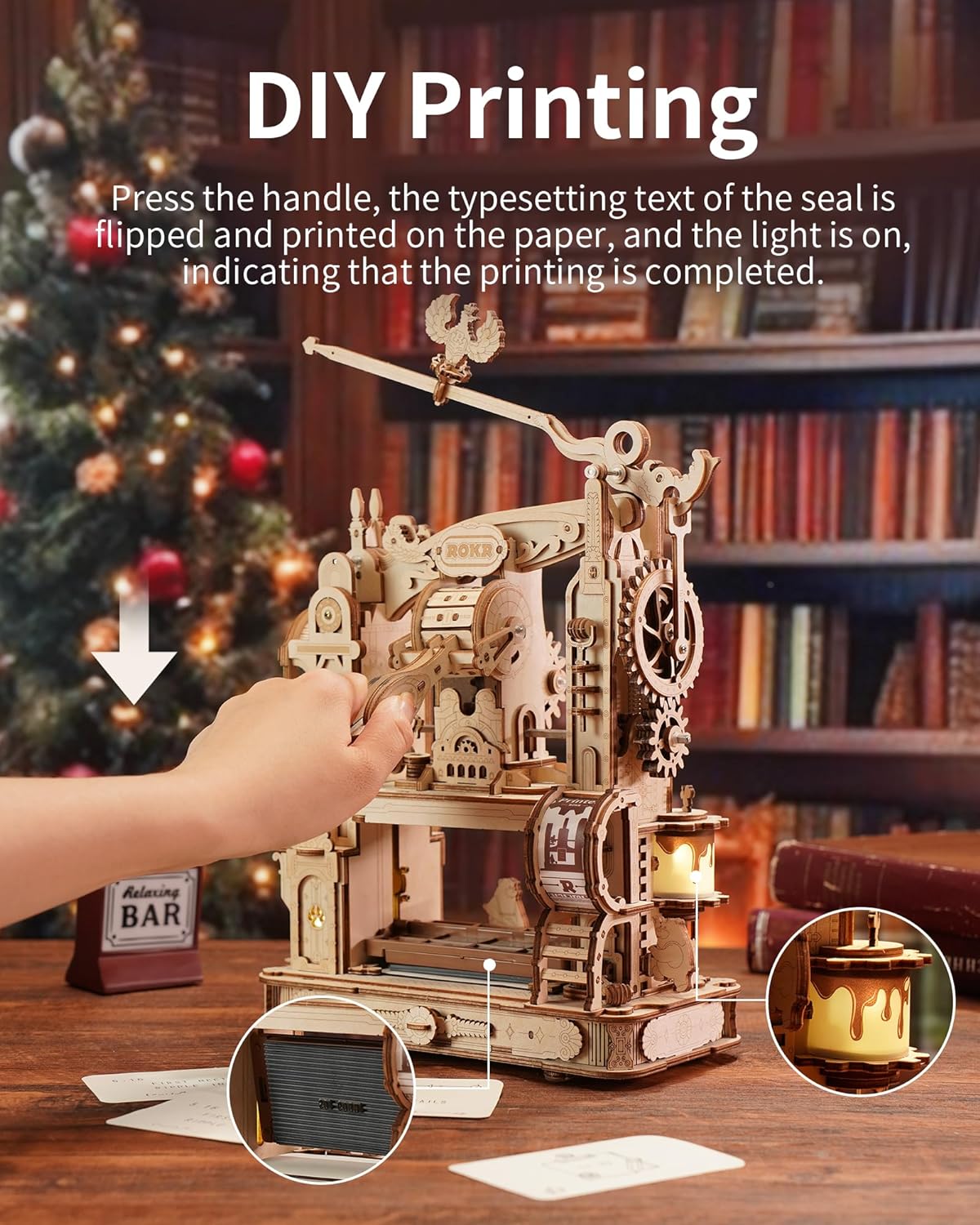 3D Puzzle for Adults, Classic Printing Press Wooden Puzzles Model Building Kits, DIY Wood Crafts Cool Toys Birthday, Collage Aesthetic, STEM Art Hobbies for Men Women (LK602)-uFunSpace