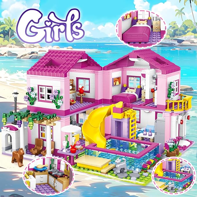 Pink Girls Summer Villa Friends Building Set Compatible with Lego Friends Construction Educational Toy for Kids Age 8-12 and Up 1018 PCS-uFunSpace