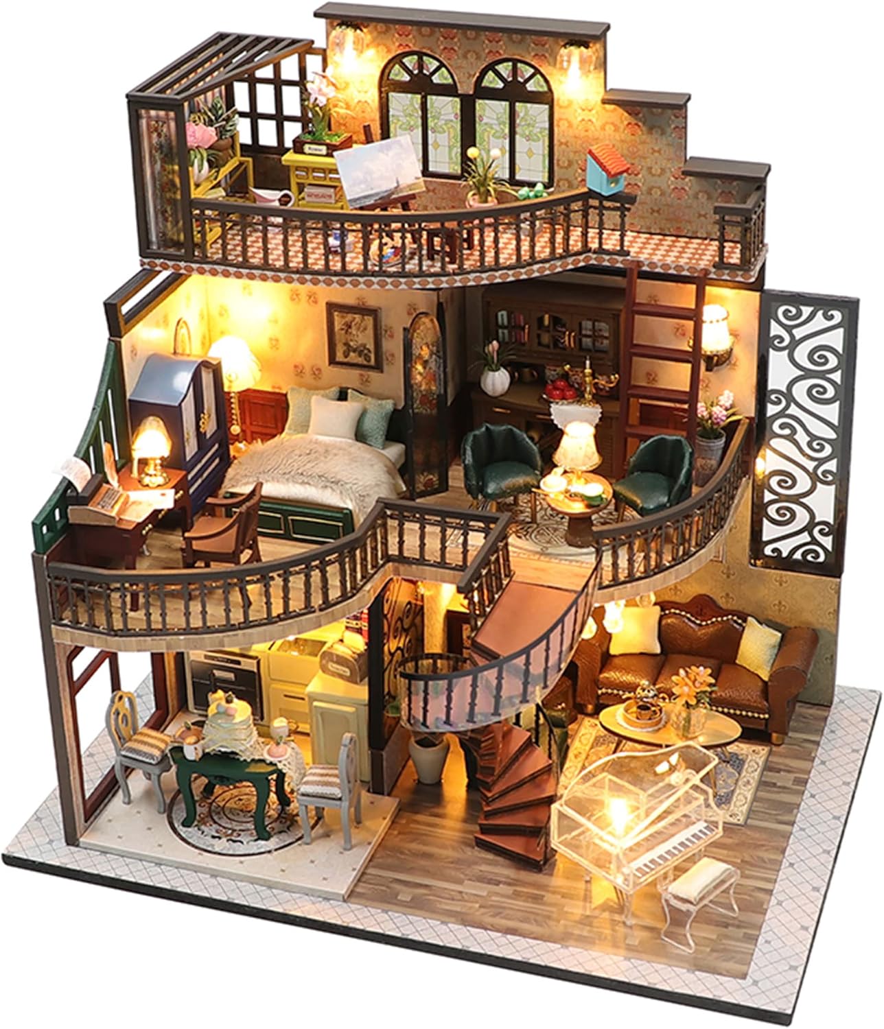 DIY Dollhouse Miniature Kit, Doll House Kit with Dust Proof Cover and Music Box, Mini Wooden Dollhouse Toys for Adult Gift(M2132)-uFunSpace