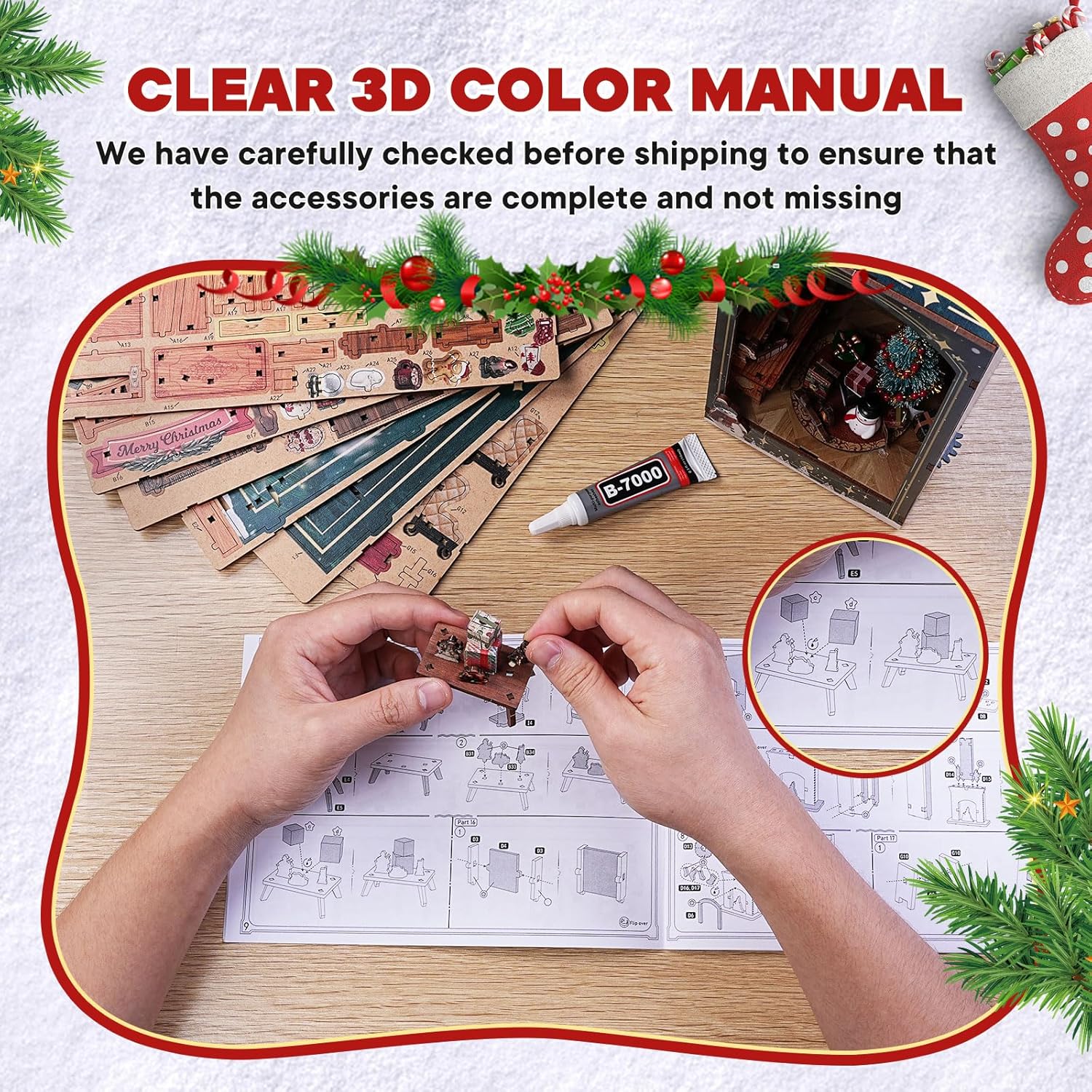 Assembly process of the 3D wooden puzzle with English instruction manual and tools.