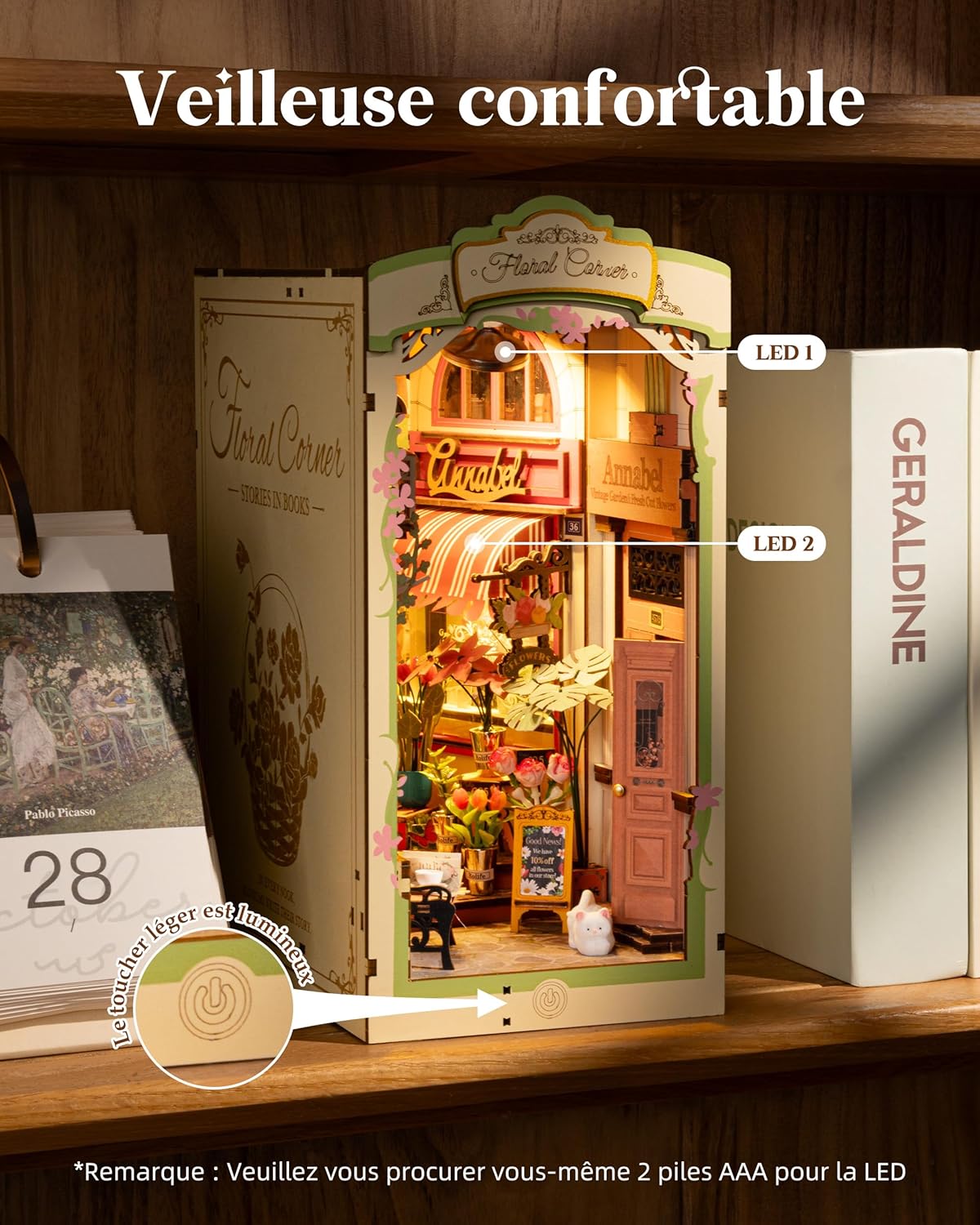 Cozy book nook night light acting as bookend on wooden shelf-uFunSpace