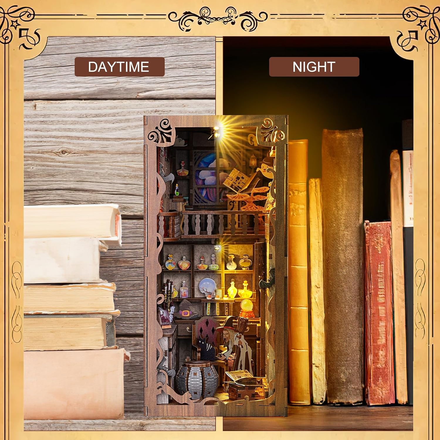 Magic Night 3D wooden puzzle displayed on a bookshelf, showing the difference between daytime look and illuminated night mode.-uFunSpace