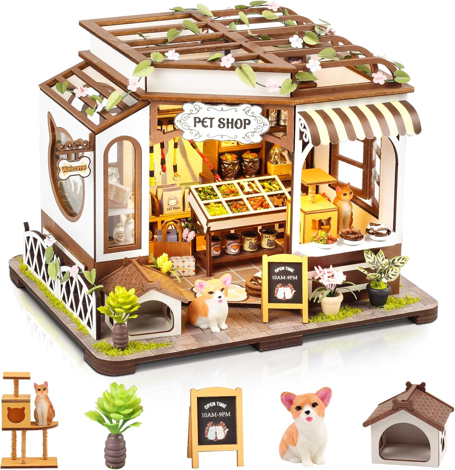 DIY Miniature House Kit,Tiny House Pet Shop with Furniture & LED,DIY Dollhouse Miniature Kit for Adults Teen,Mini House Building kit,3D Wooden Craft Mini Model Kit,Birthday Gifts Home Decor-uFunSpace