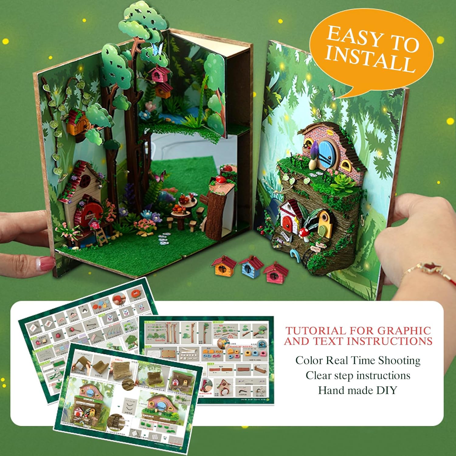 Open view of the Firefly Forest book nook showing internal structure, instructions, and easy assembly process.