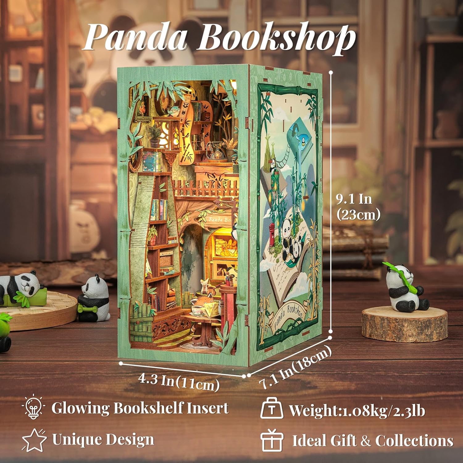 Dimensions of Panda Bookshop DIY Miniature House Kit showing size 9.1 inches high by 7.1 inches wide-uFunSpace