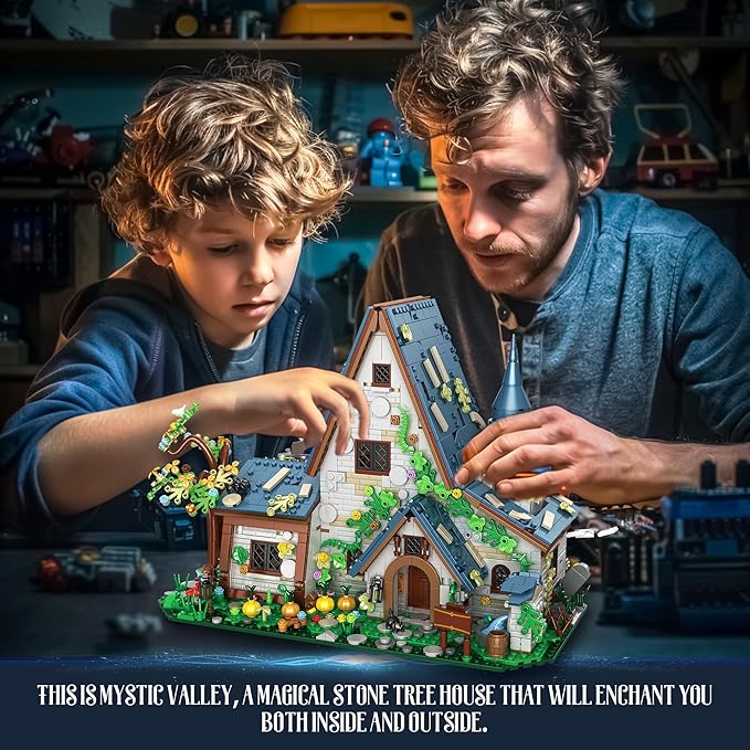 Father and son building the Magic Stone House architecture kit together, showing the complexity and size.