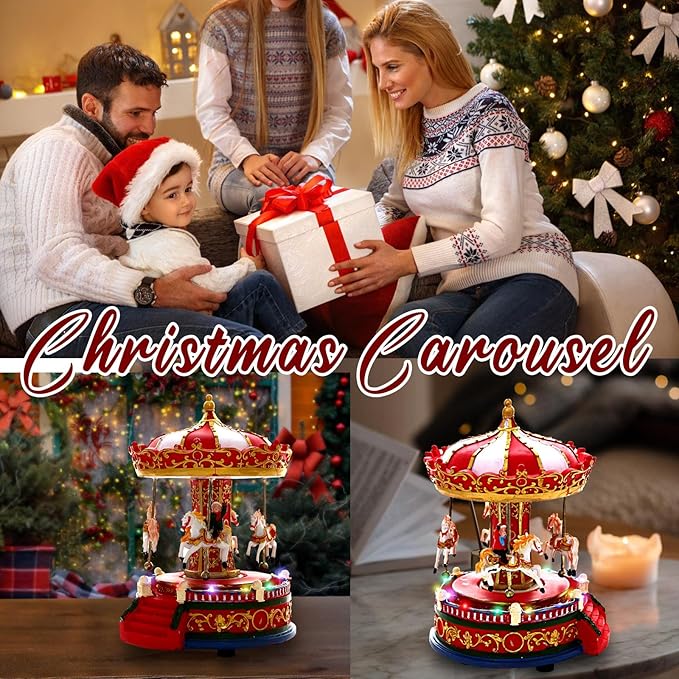Christmas Carousel Figurines Decoration Christmas Village House Musical Carousel with 6 Moving Horses Go Round, 8 Pieces of Music Snow Globe, Music Box for Girl and Boy Kids-uFunSpace