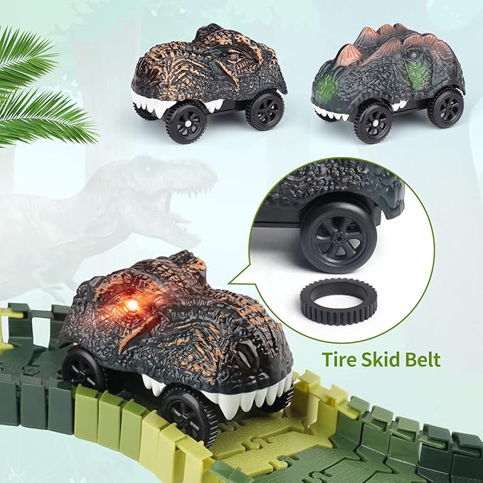 Dinosaur World Race Track Toys for Kids - Best Birthday Gifts for Age 3 4 5 6 7 Year Old Boys and Girls, PREPOP Deluxe Dino Sets, 220 pcs-uFunSpace