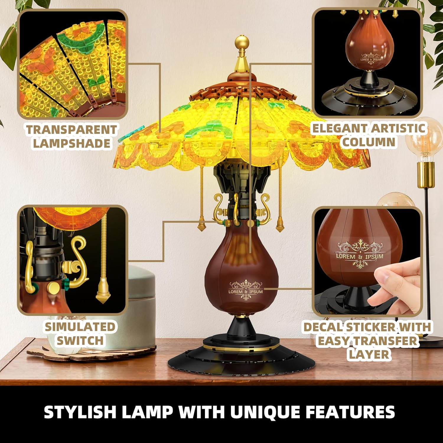 Retro-Style Table Lamp Toy Building Set, Home Décor Accessory for Adults, Cute Building Blocks Set for Couples, Mother's Day Decoration - 804 Pieces (Mini Building Blocks)-uFunSpace