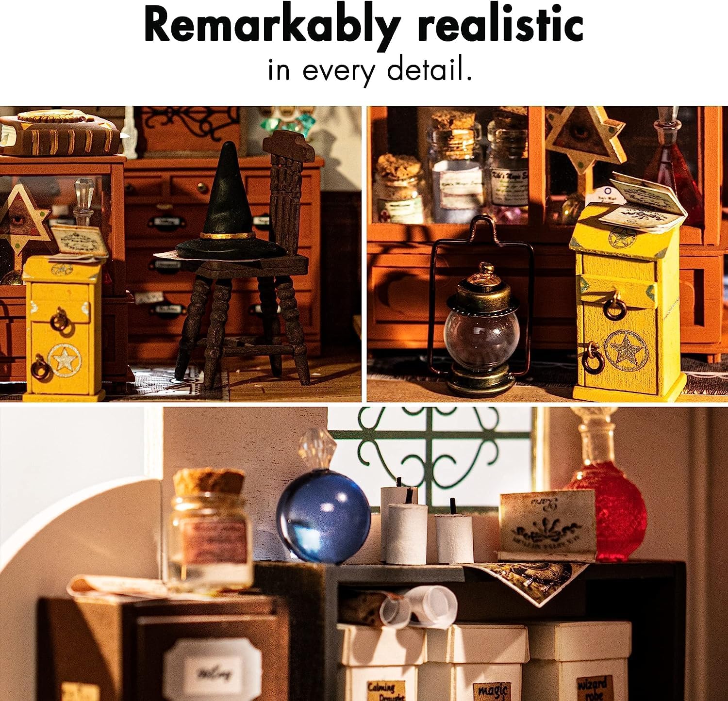 Close-up detail shots of Kiki's Magic Emporium interior featuring miniature witch hat, magic potions, scrolls, and lantern furniture.-uFunSpace