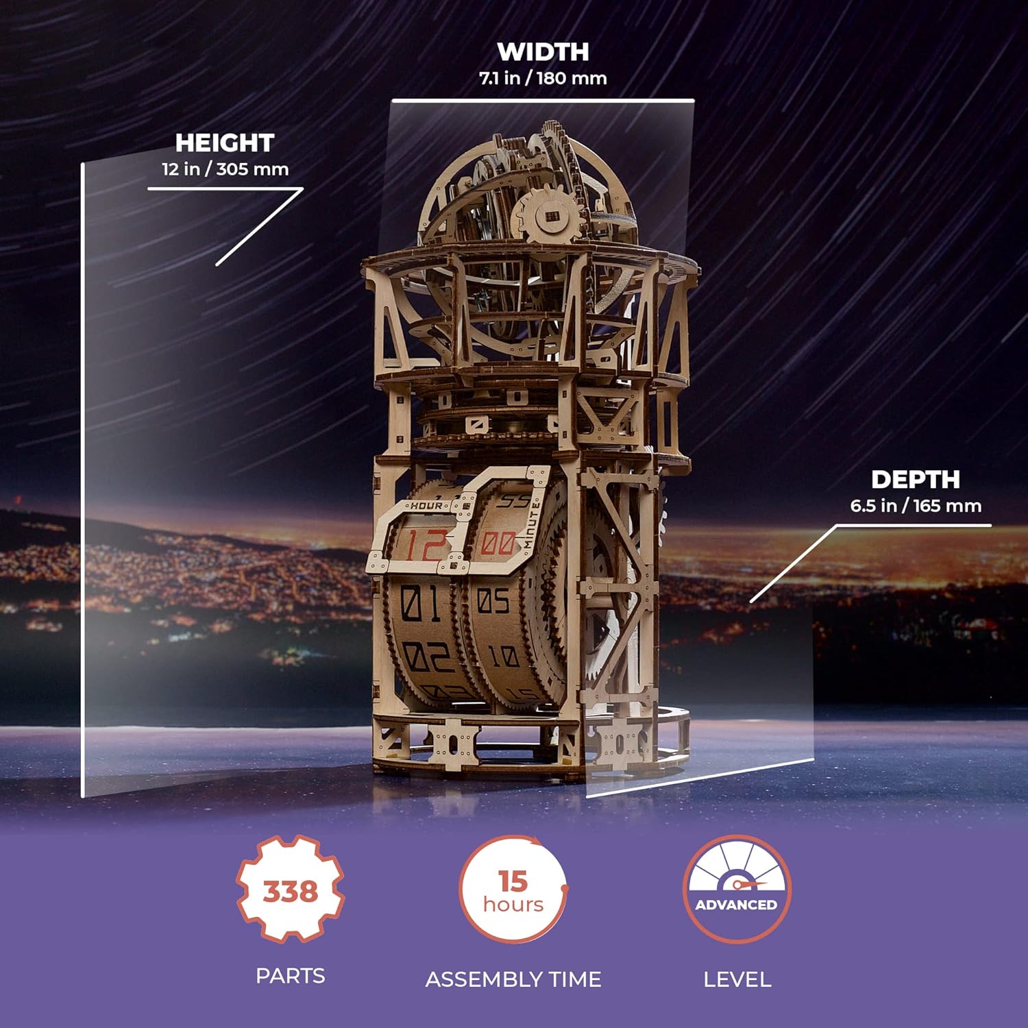 Wooden 3D Puzzles for Adults - Astronomer Table Clock with Tourbillon Model Kit - Mechanical Clock Kit Functional DIY Miniature Kit Wood Crafts for Adults - Gifts For Puzzle Lovers - 338 Pieces-uFunSpace