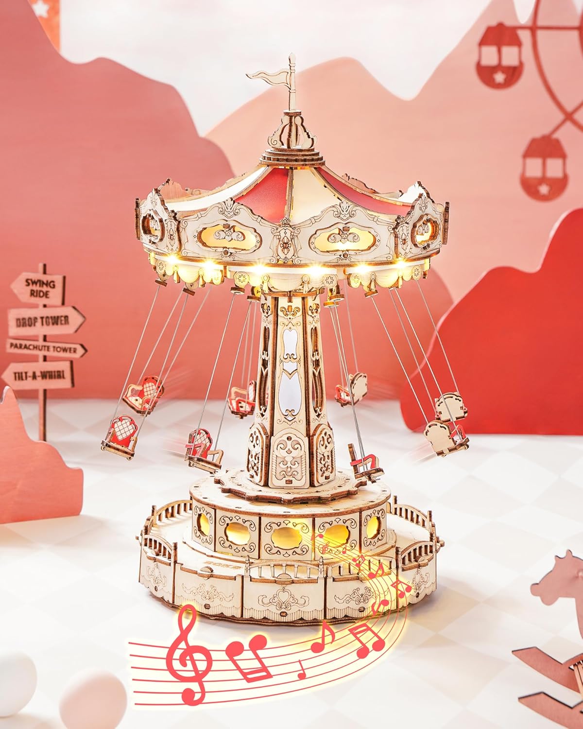 3D Puzzles Wooden Music Box Kit with LED, Rotating Swing Ride Mechanical Model Kit DIY Wood Craft Hobbies Kit for Adults Birthday for Boys/Girls-uFunSpace