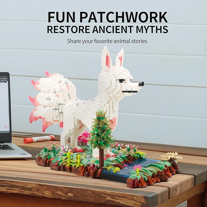 Forest Animal Micro Building Blocks Set - Nine Tailed Fox Stand in Lawns - Flowers and Trees, 4160 PCS Collectible Building Toy Gift for Adults and Kids Ages of 14+-uFunSpace