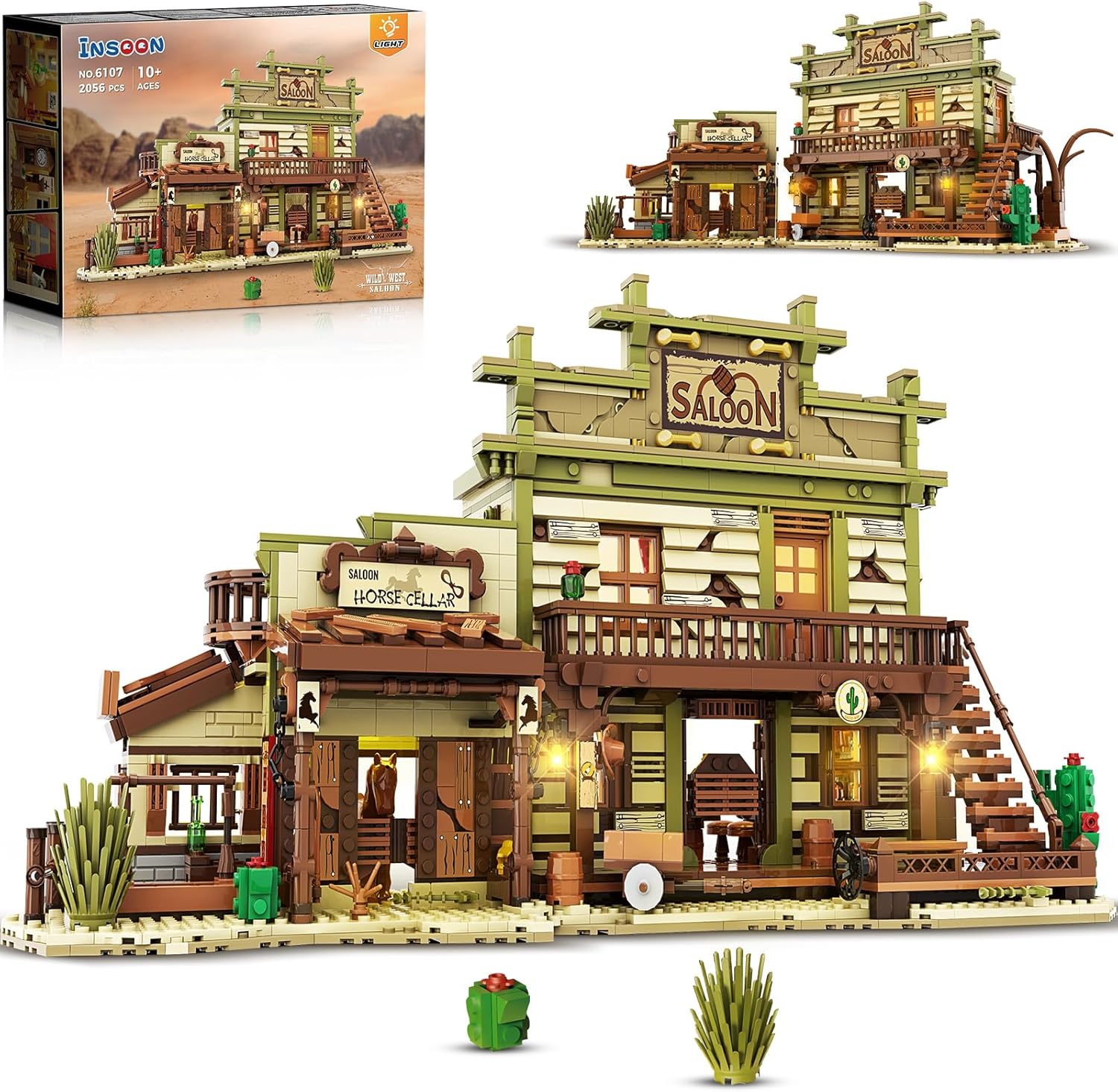 Western Saloon Building Set with LED Light, Wild West Mini Building Block for Adults, 2056 PCS Construction Model with Horse Stable Cowboy Hat, Building Toy for Teens Kids 10+-uFunSpace