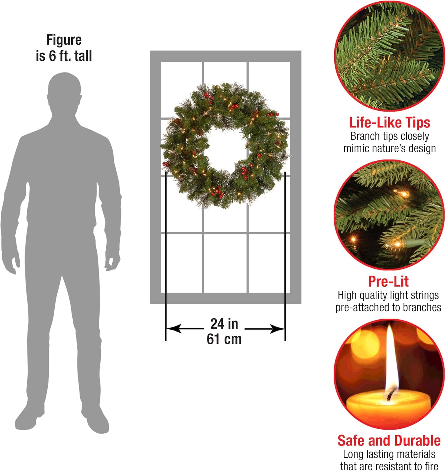 Pre-Lit Artificial Christmas Wreath, Green, Crestwood Spruce, White Lights, Decorated with Pine Cones, Berry Clusters, Frosted Branches, Christmas Collection, 24 Inches-uFunSpace