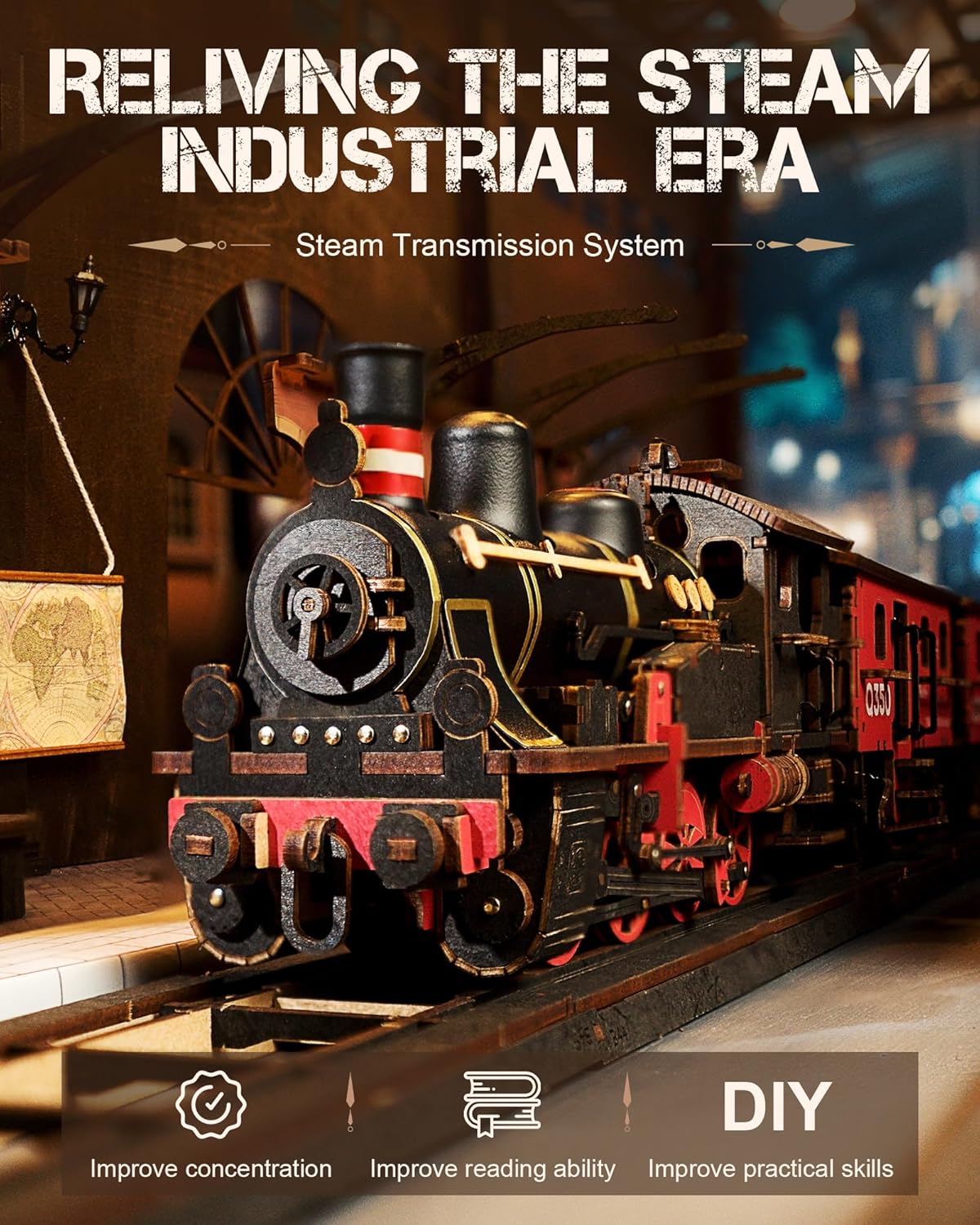 3D Puzzles for Adults Wooden Puzzle DIY Model Steampunk Train Kit to Build Wood Craft Kit Toy Hobby Gift Home Decor (Steam Journey)-uFunSpace