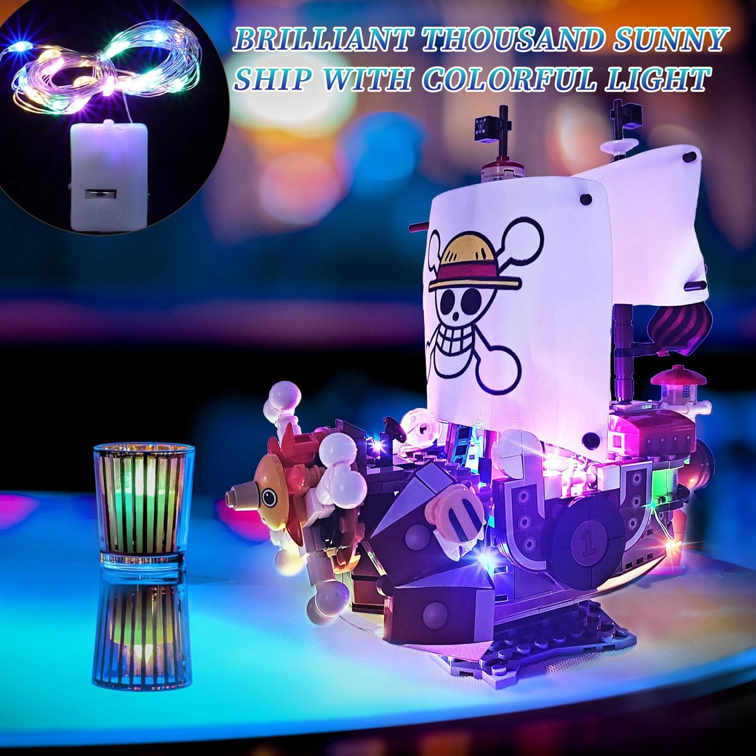 1pcs Anime Thousand Sunshine Ship Building Blocks Set with Lights, Comes with 9 Action Figures, One Piece Merch Pirate Ship Model Building Ideal Gift for Children, Fans (432pcs)-uFunSpace