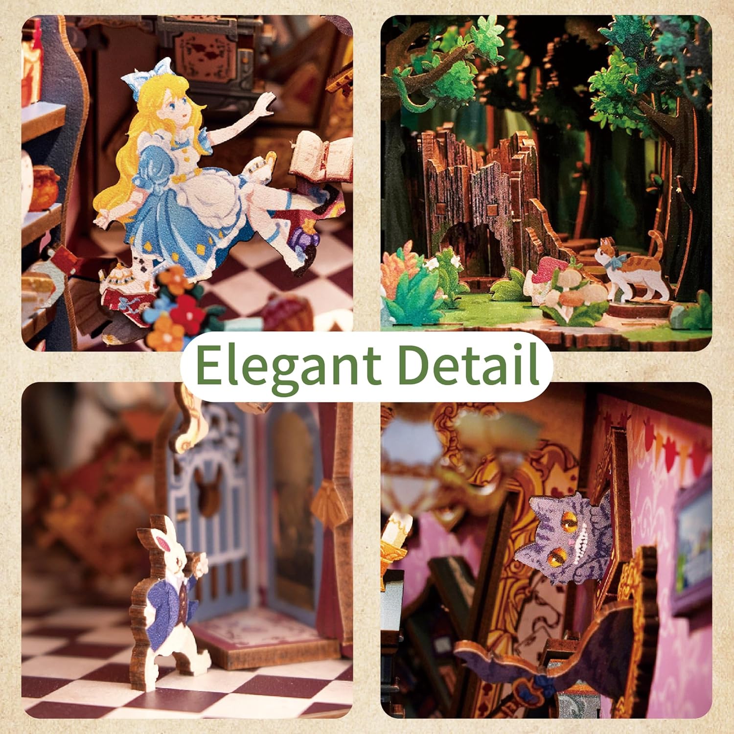 Dimensions and specifications of Tonecheer Alice book nook: 184 pieces, 9.6 inches high, 3-5 hours assembly time.