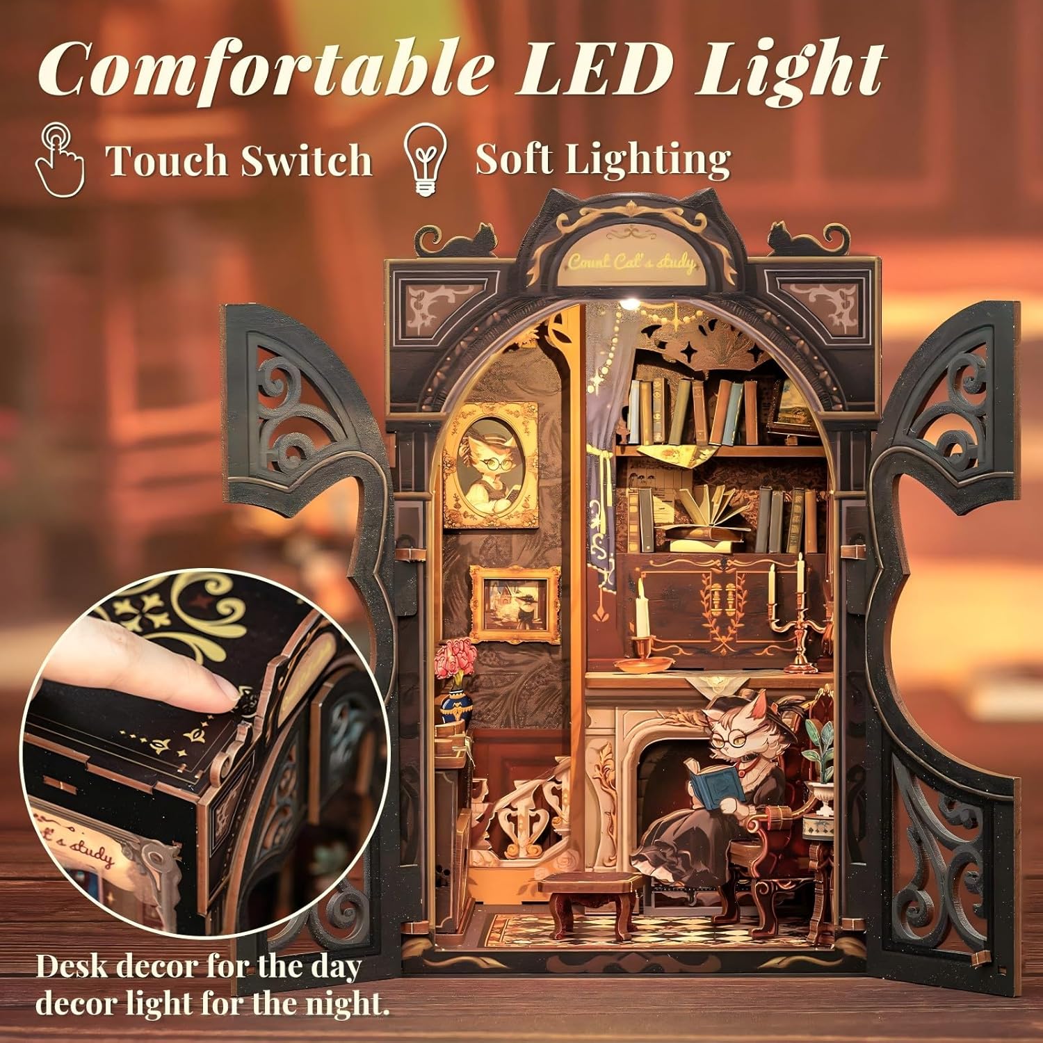 Book Nook Kit, DIY Miniature House Kit Puzzle Booknook Mini for Adult Bookshelf Alley Decor for Women Teens Craft Lovers(Count Cat's Study)-uFunSpace