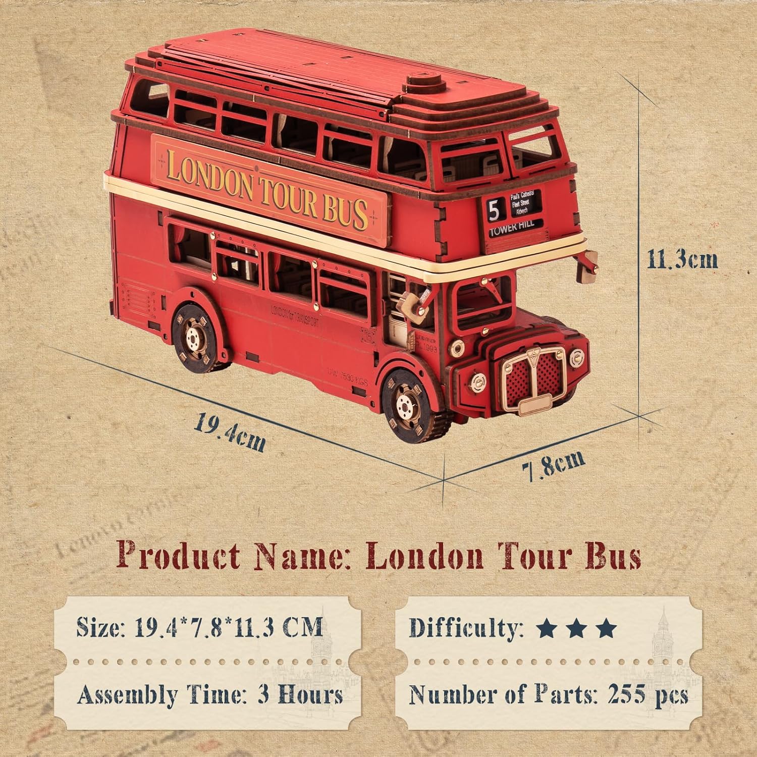 3D Puzzles for Adults Wooden Craft London Tour Bus DIY Model Kit to Build Educational Brain Teaser Toy for Kids Craft Decor Gift-uFunSpace