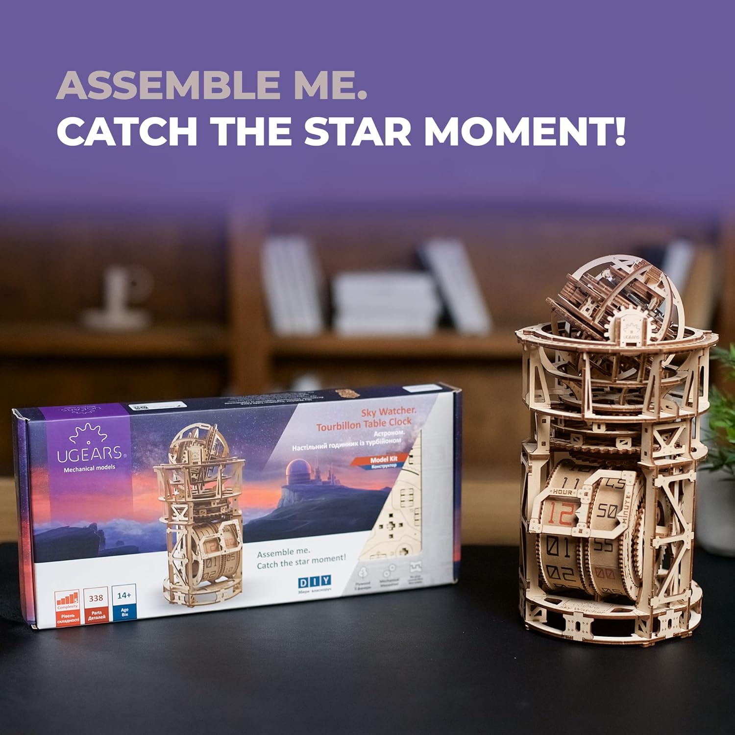 Wooden 3D Puzzles for Adults - Astronomer Table Clock with Tourbillon Model Kit - Mechanical Clock Kit Functional DIY Miniature Kit Wood Crafts for Adults - Gifts For Puzzle Lovers - 338 Pieces-uFunSpace