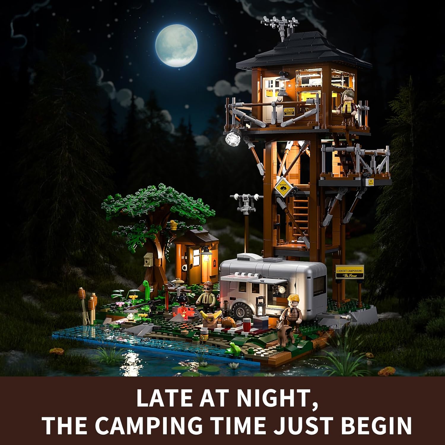 Campground Lighting Building-Bricks Set - Retro Wild Lookout Tower Camping Car and Family Minifigures LED Light Building Set 1426 Pcs for Adults-uFunSpace