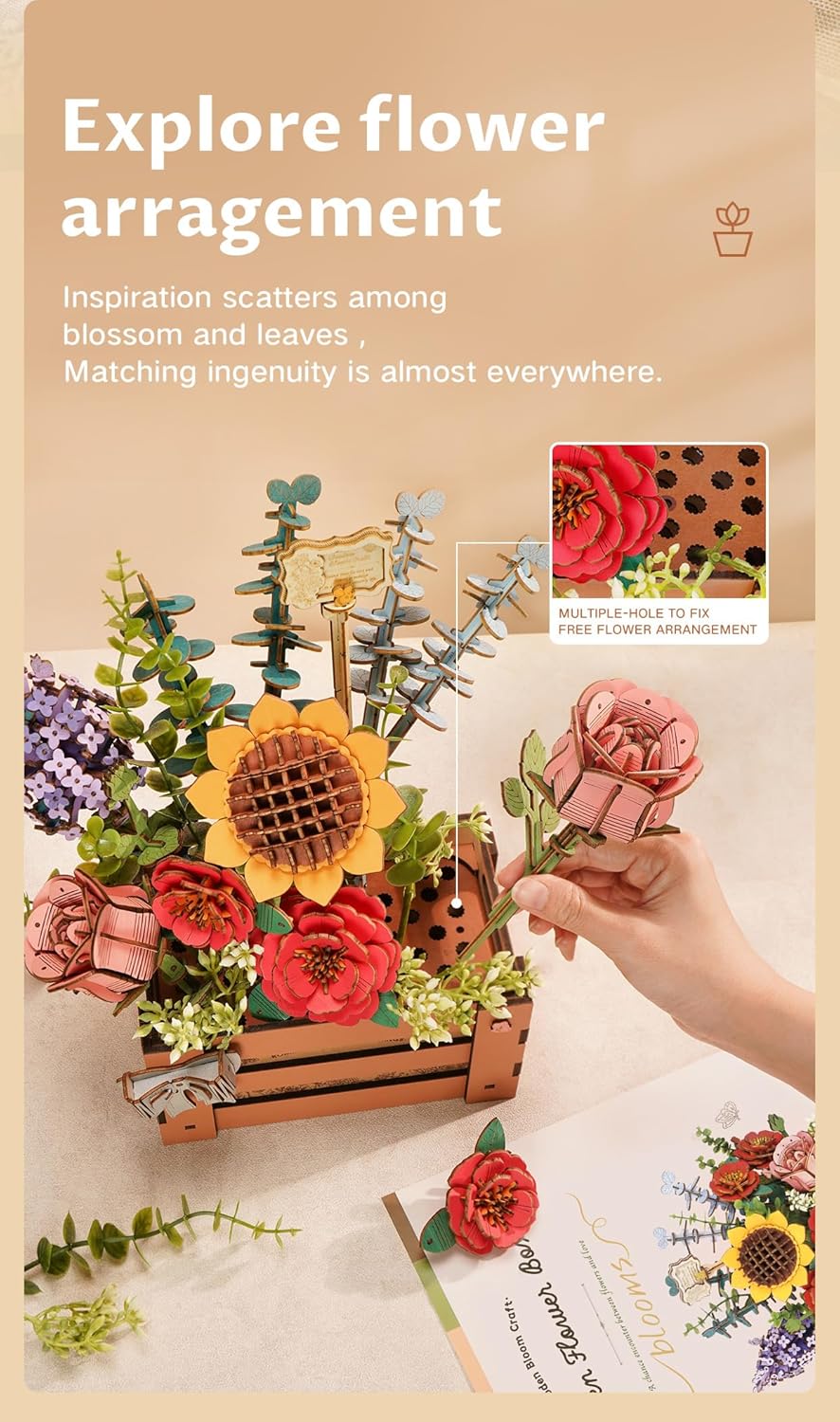 Artifical Flowers,Wooden Flower Bloom Box Building Toy Set,DIY 3D Wooden Puzzles for Adults,Botanical Collection Craft Kit as Thanksgiving Decoration Christmas Birthday Valentine Gift-uFunSpace