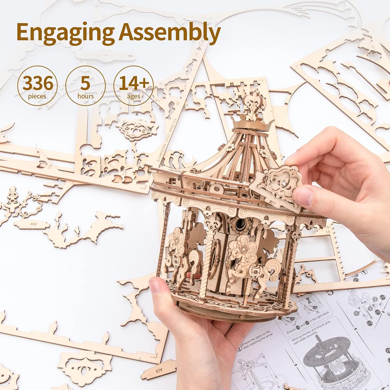 3D Wooden Puzzles Music Box - DIY Model Building Kit Mechanical Merry-go-Round Exquisite Display Gifts for Teens Man/Woman Family-uFunSpace