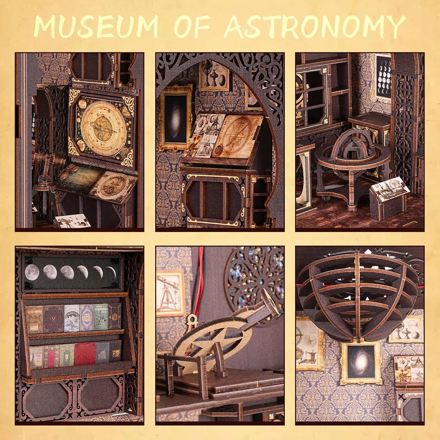 Close up details of celestial maps, armillary sphere, and moon phases in the book nook-uFunSpace