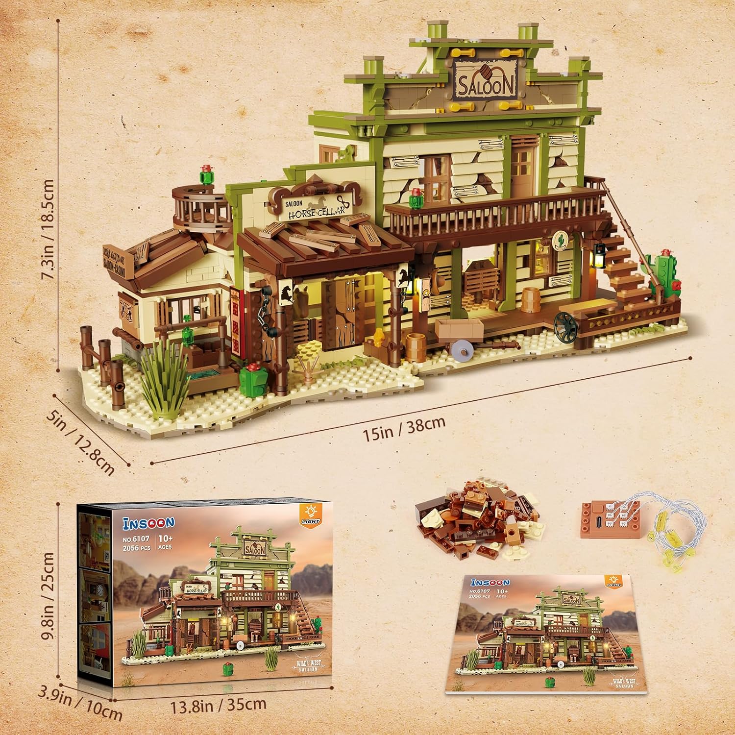 Western Saloon Building Set with LED Light, Wild West Mini Building Block for Adults, 2056 PCS Construction Model with Horse Stable Cowboy Hat, Building Toy for Teens Kids 10+-uFunSpace