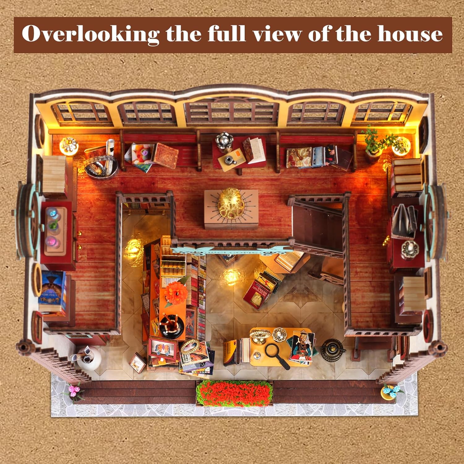 Overlooking view of the Magic Book Store miniature house showing detailed interior layout, wooden flooring, vintage rugs, and bookshelf arrangement-uFunSpace