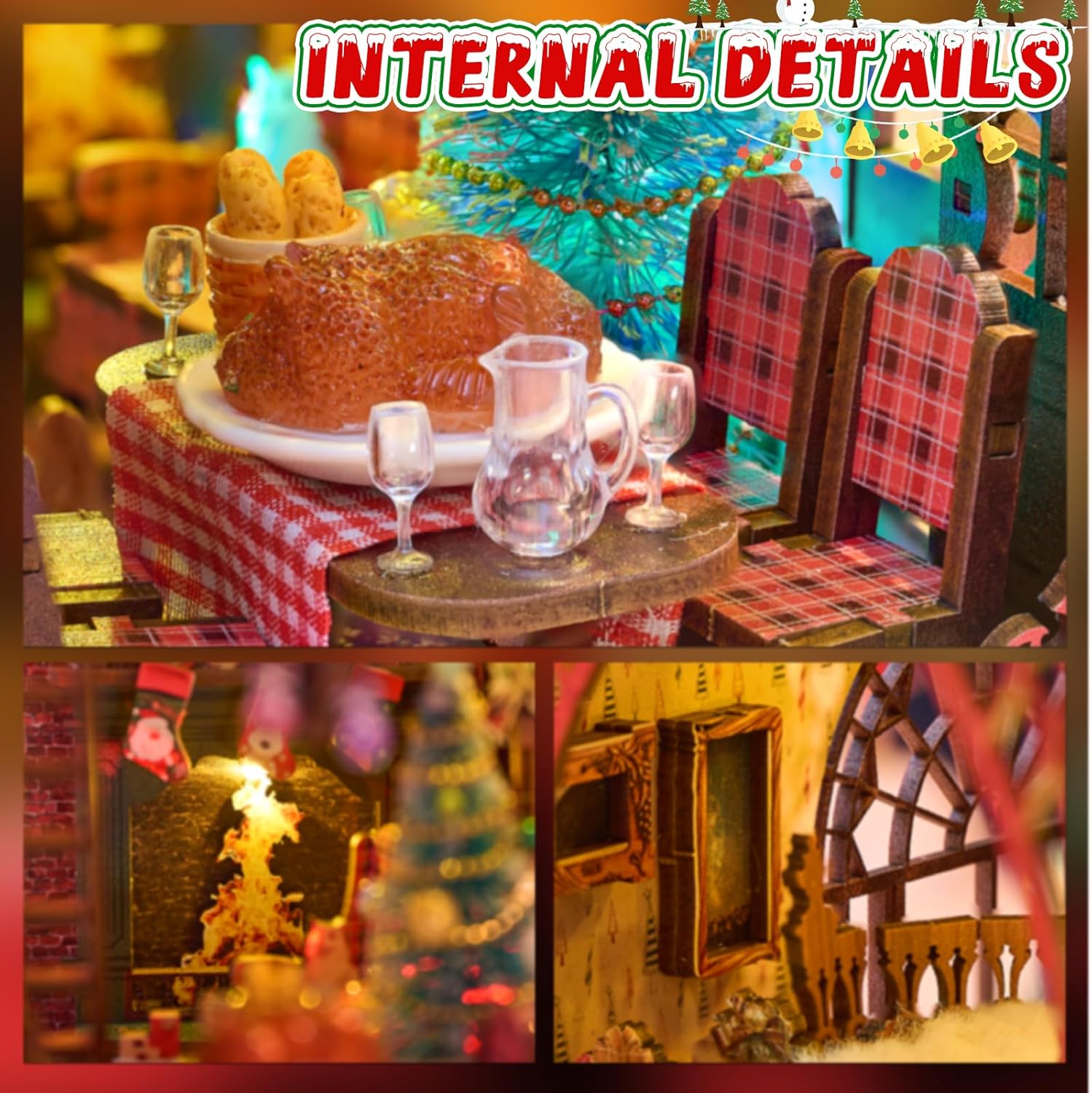 Detailed interior of Christmas book nook showing roast turkey dinner and fireplace stockings-uFunSpace