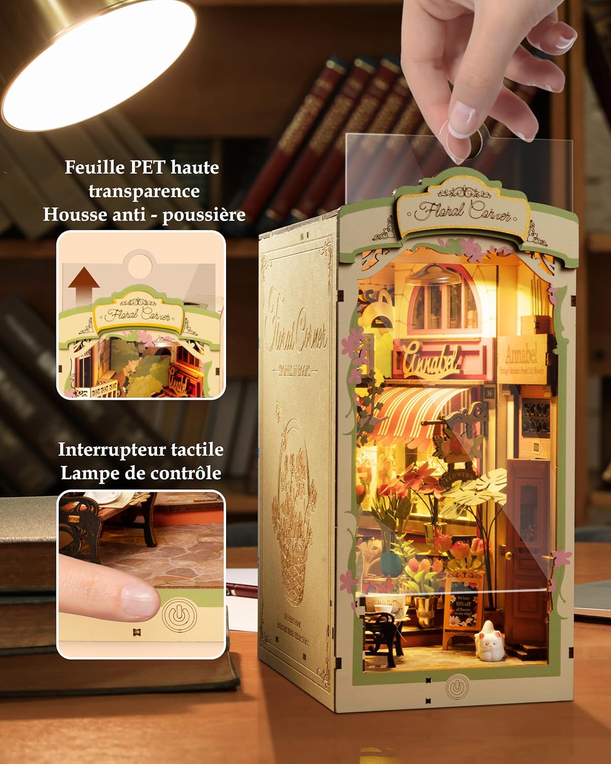 Side view of Floral Corner book nook shelf insert showing wooden structure-uFunSpace