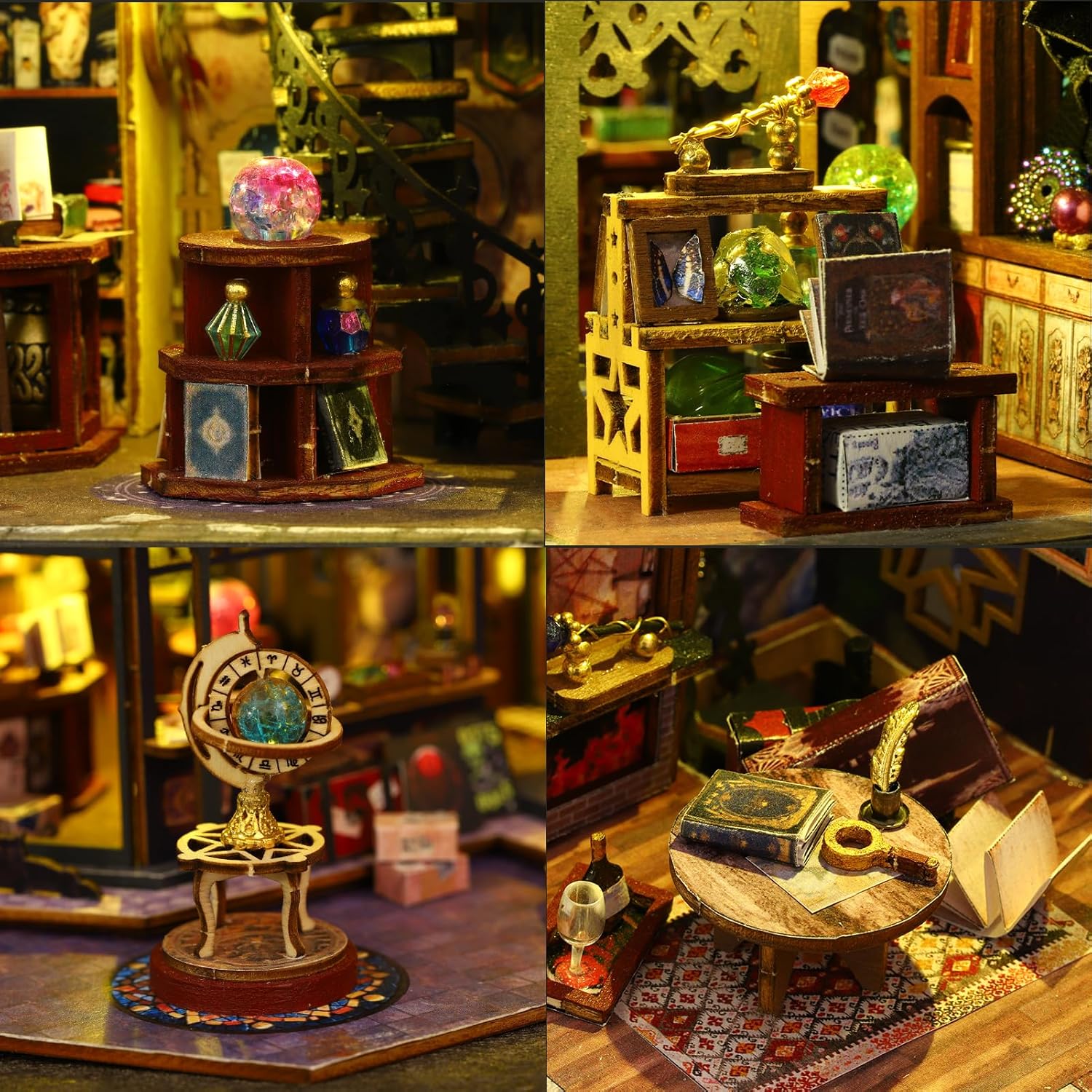 Miniature House Kit DIY Mini House Building Kit with LED Light, DIY Mini Dollhouse with Furniture Book Nook Kit, 3D Wooden Puzzle Wooden Bookend Shelf Insert Decro (Holo Magic City)-uFunSpace