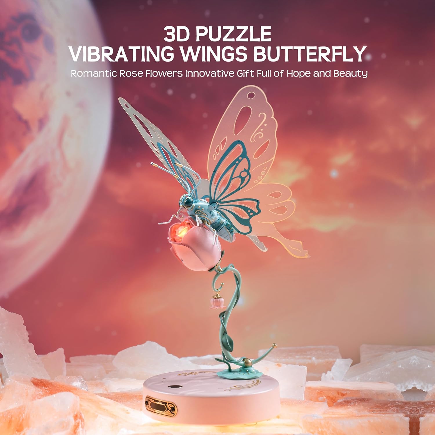 3D Puzzles for Adults,Mechanical Butterfly Puzzle for Adults,Species Model Kit,Electric Building Toy Kit,DIY Creative Craft Gifts for Adults,Unique Office&Home Decor (Pink)-uFunSpace