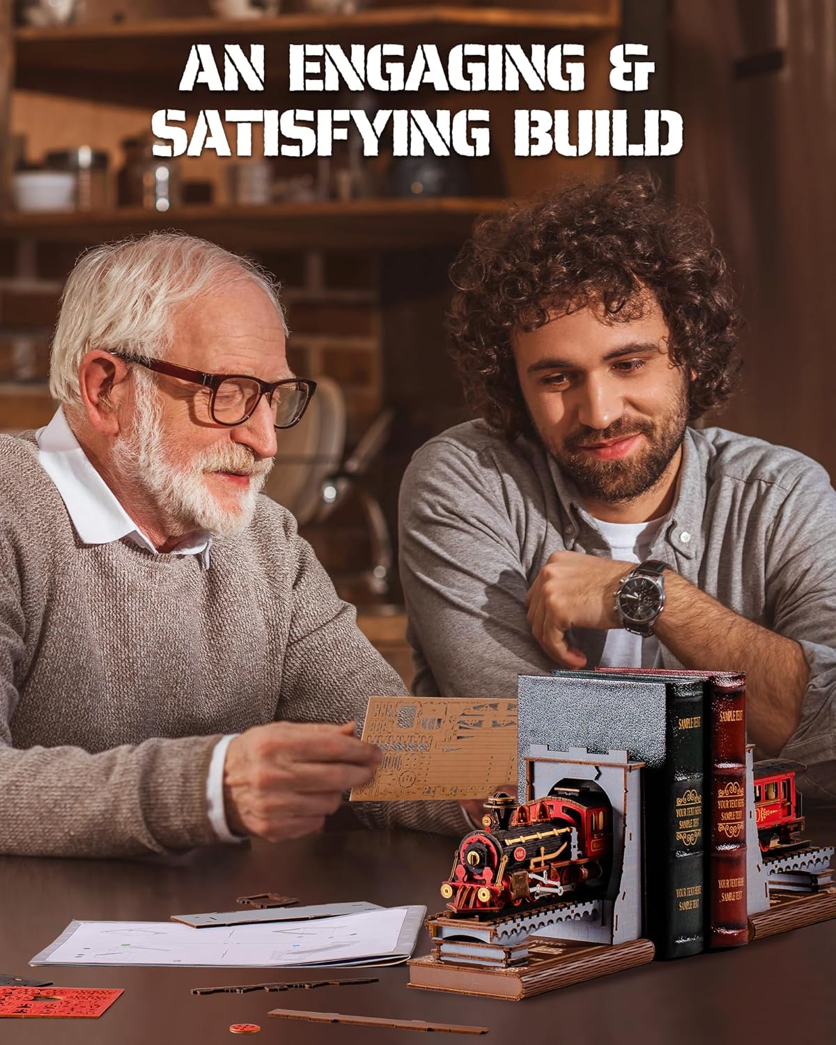 Wooden train model kit assembled and used as a functional book holder for hardcover books.