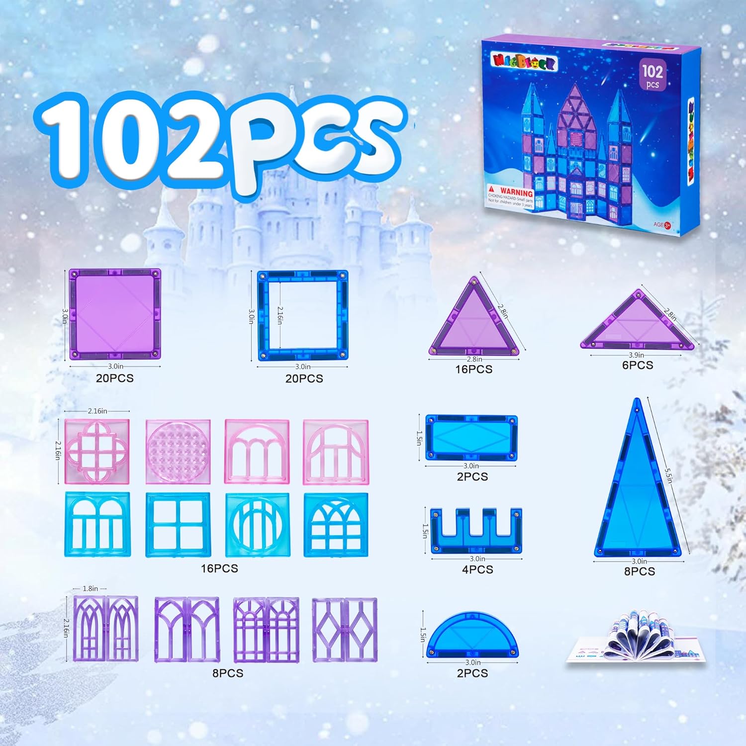 102 Pieces Magnetic Tiles Frozen Magnet Building Blocks for 3 4 5 6 7 8 Years Old Girls Birthday Gift Frozen Princess Preschool STEM Educational Toys-uFunSpace