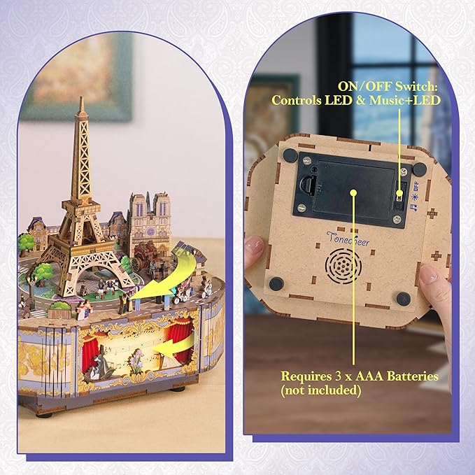 Wooden Music Box Puzzle for Adults, DIY Rotating Music Box Kit 3D Creative Musical Puzzle Crafts Model Building Kits Desk Decor Birthday (Romantic Paris)-uFunSpace