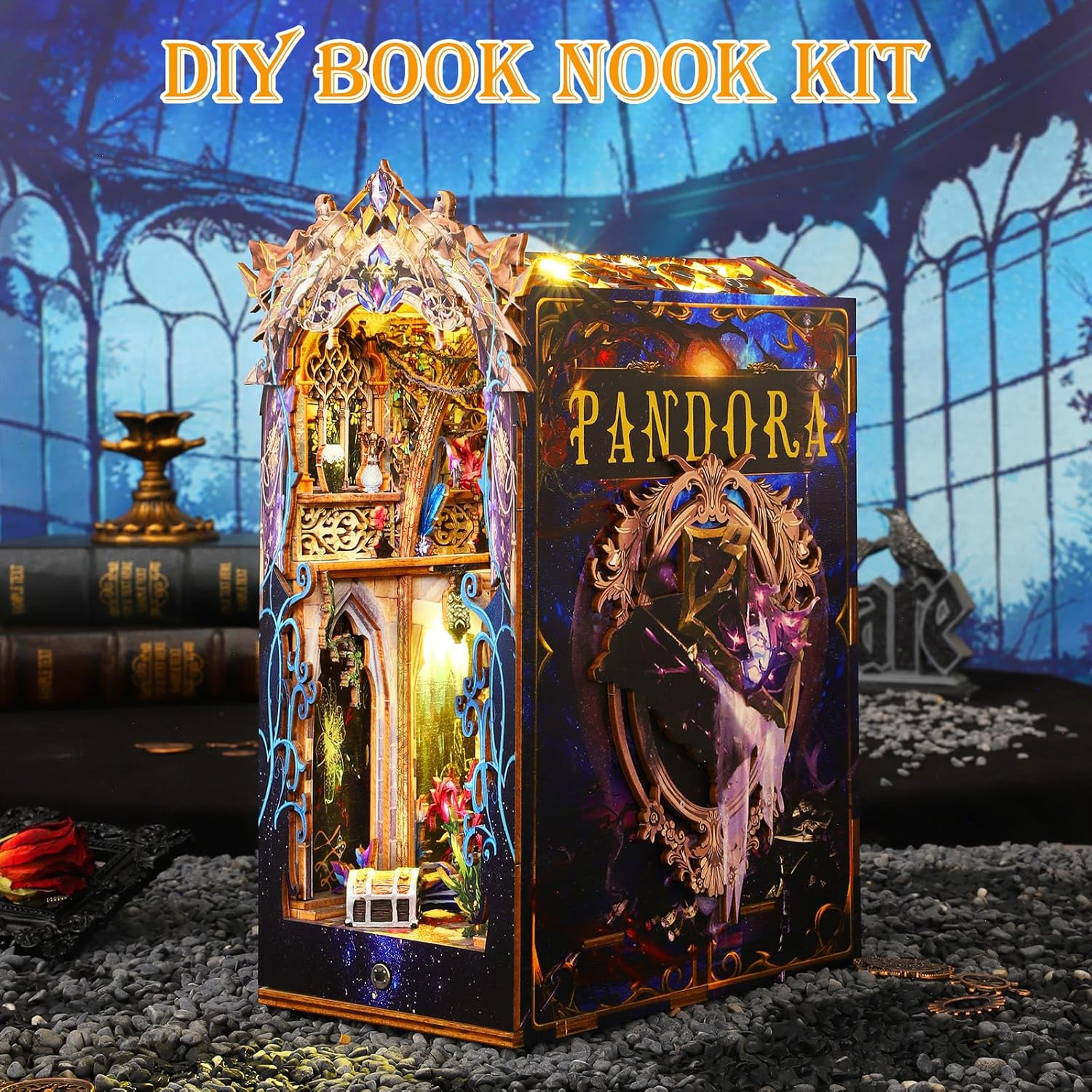 DIY Book Nook Kit with Music Box, 3D Wooden Puzzle with LED Light, DIY Dollhouse Booknook Bookshelf Insert Decor for Teens and Adults (Pandora's Box)-uFunSpace