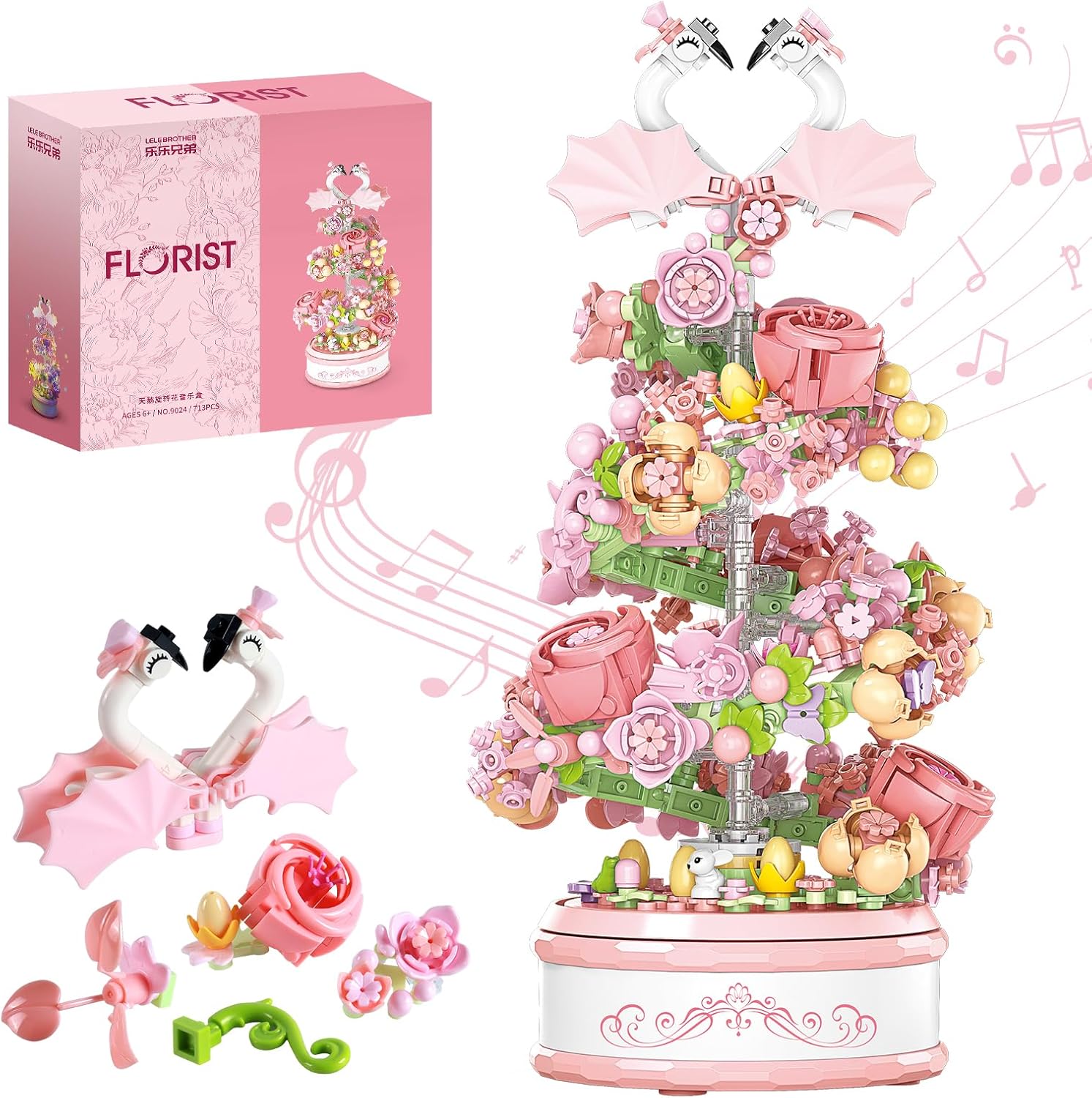 Flowers Music Box Building Block Kit with Light-713PCS Decoration Rotating Music Box Building Set,Botanical Collection Mother's Day, Valentine and Birthday Gifts for Girls Boys Adults Kids Ages 6+-uFunSpace