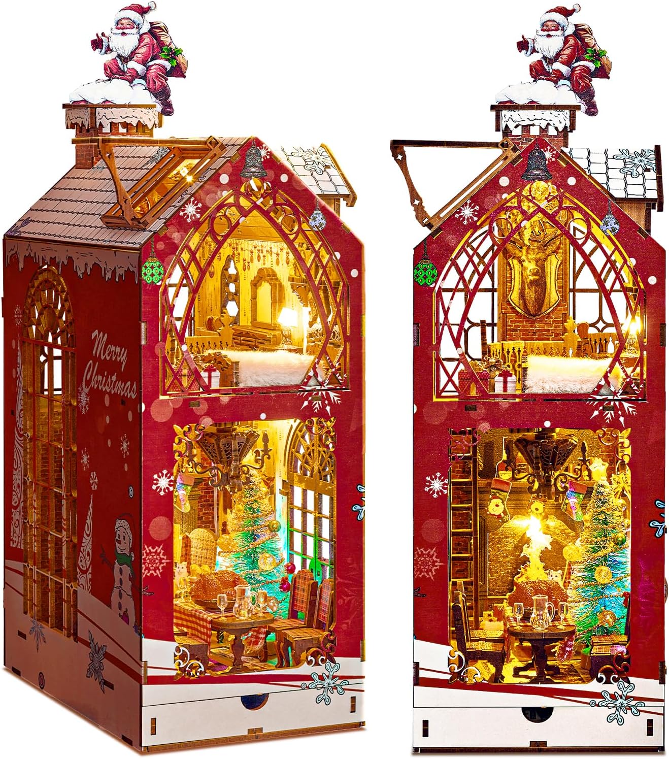 Christmas Eve DIY book nook kit with Santa Claus on chimney and 2-story design-uFunSpace