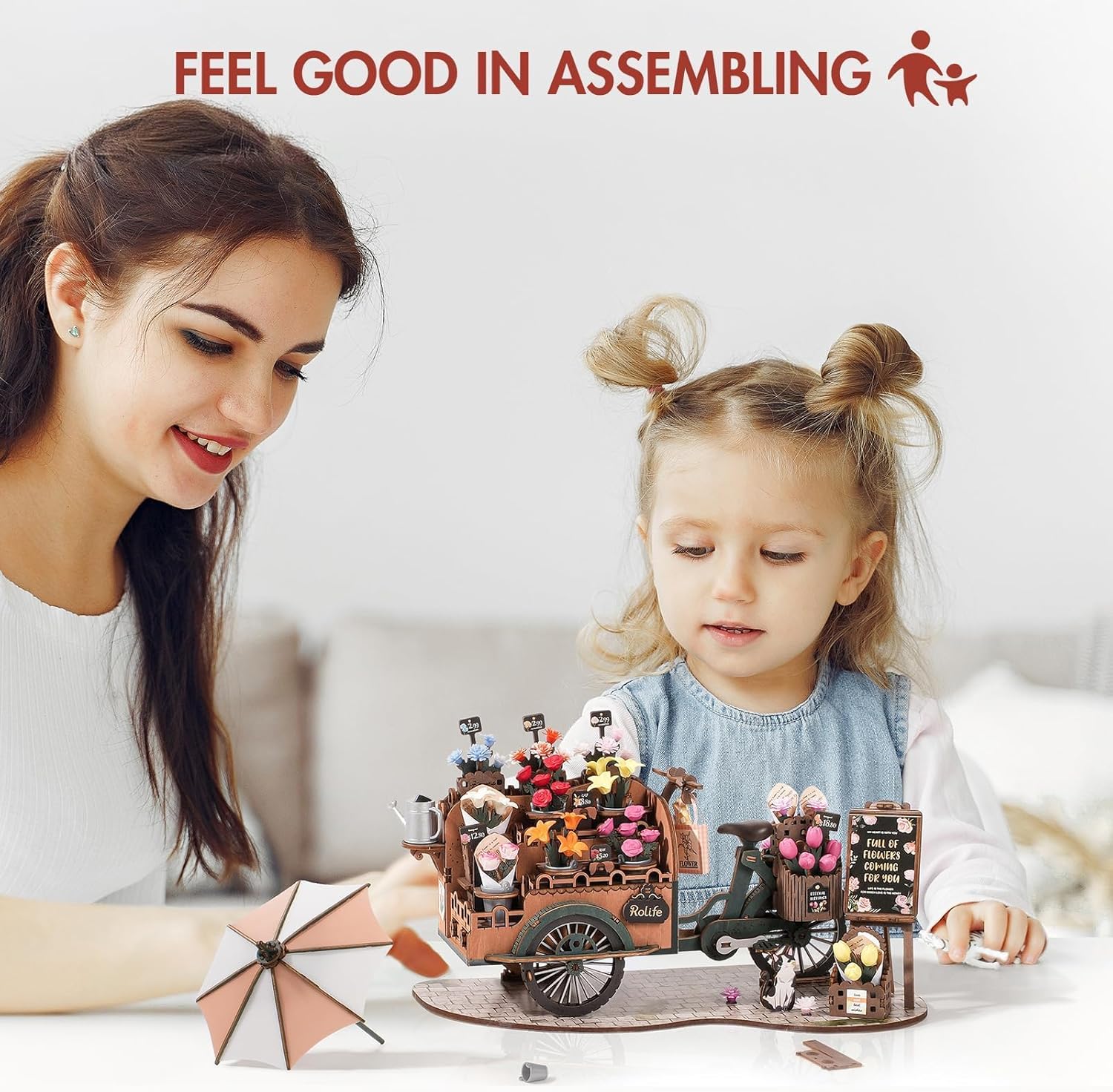 DIY 3D Wooden Puzzle for Adults, Flower Cart Brain Teaser Puzzle for Teens Girls Boys, Creative Craft Hobby Gifts Model Building Kits, Home Decor Assembly Toy-uFunSpace