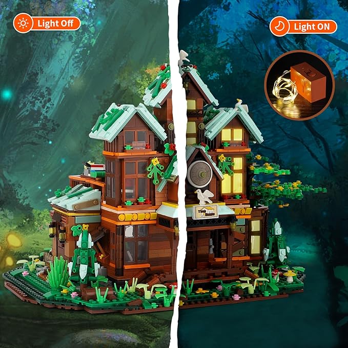 Time House Cabin Building Set with LED Light, 2198 PCS Wood Cabin Mini Ideas Creative Architecture Building Block, Birthday Gift for Adults Ages 8-12+ Years（Not Compatible with Lego Set ）-uFunSpace