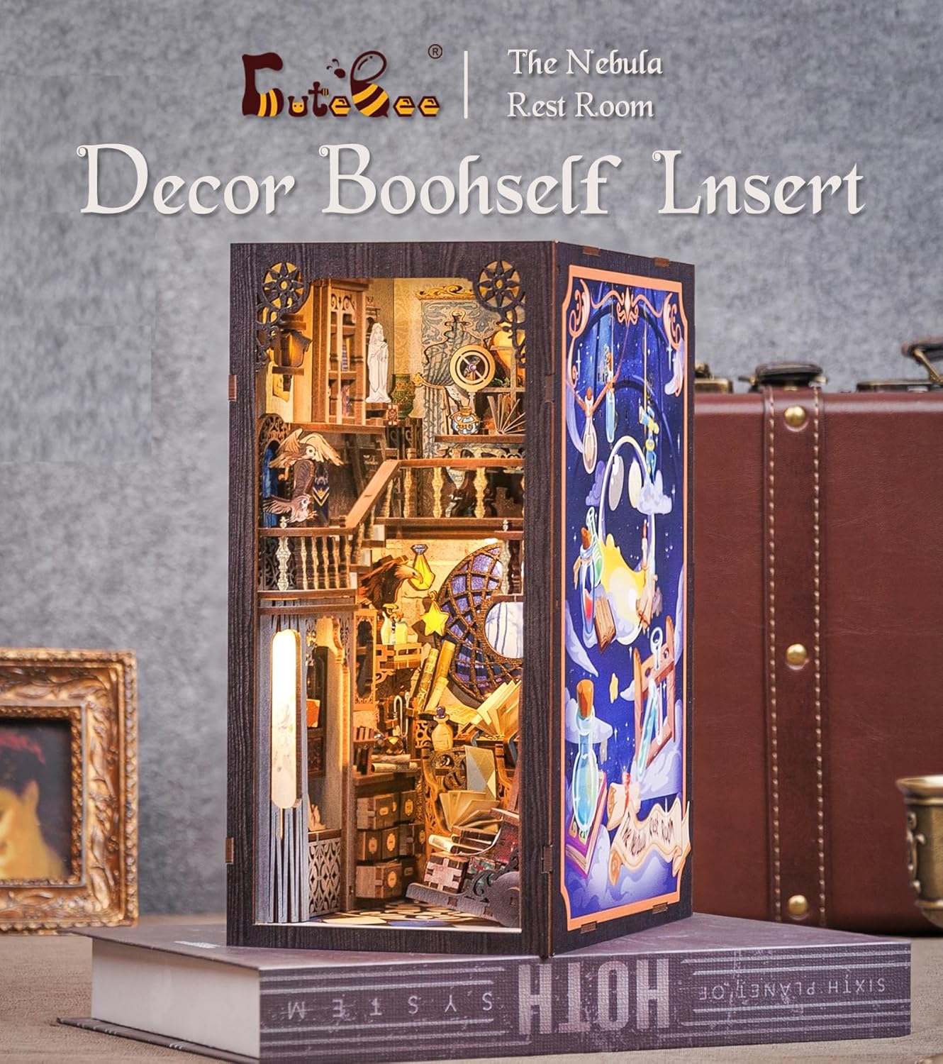 Book Nook Kit, DIY Dollhouse Miniature House Booknook for Adults and Teens, Bookshelf Insert Decor, Bookends Model Build-Creativity Gift Kit for Friends and Family (Nebula Common Room)-uFunSpace