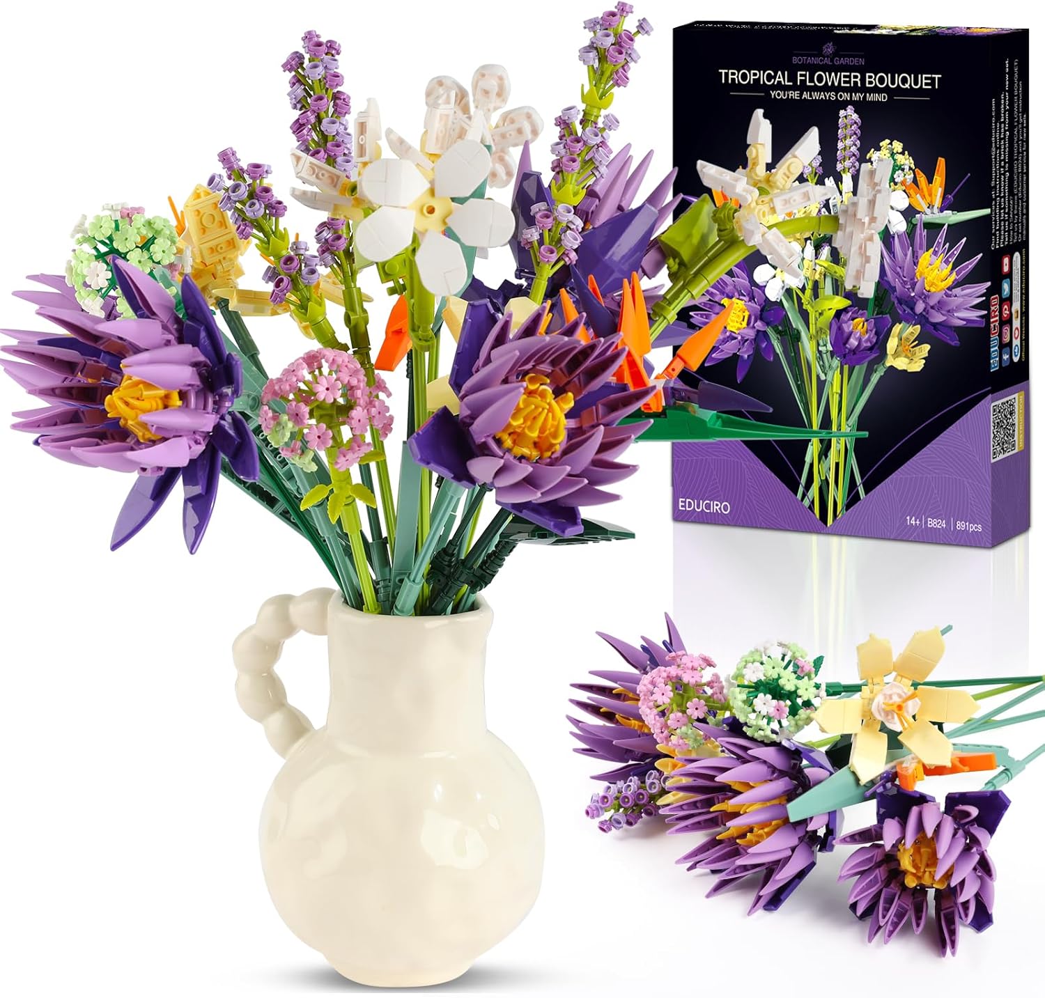Flowers Bouquet Building Set, Creative 13 Artificial Wildflowers Botanical Collection Bird of Paradise for Adults Kids Home or Office Decor Christmas Valentine Mother's Day Birthday 891pcs (No Vase)-uFunSpace