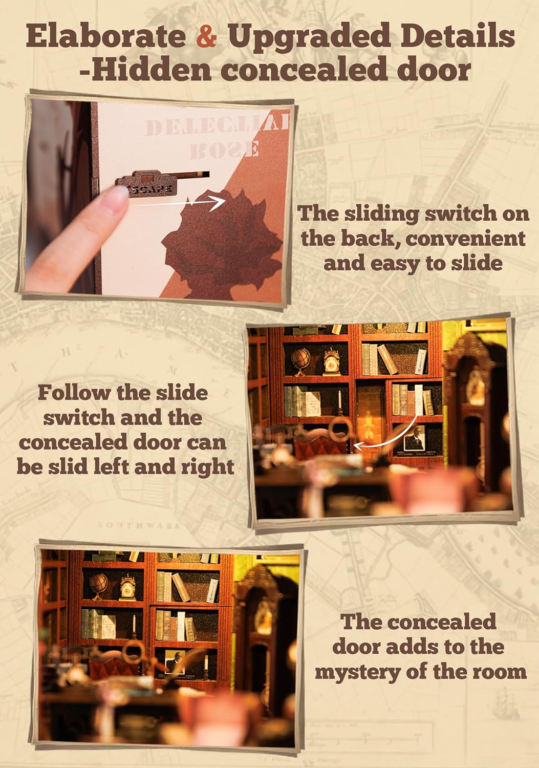 DIY Book Nook Kit DIY Wooden Miniature House Dollhouse Kit Bookshelf Insert Decor Booknook Bookcase Model Build Creativity Gift Kit Decor Alley with LED Light (Rose Detective Agency)-uFunSpace