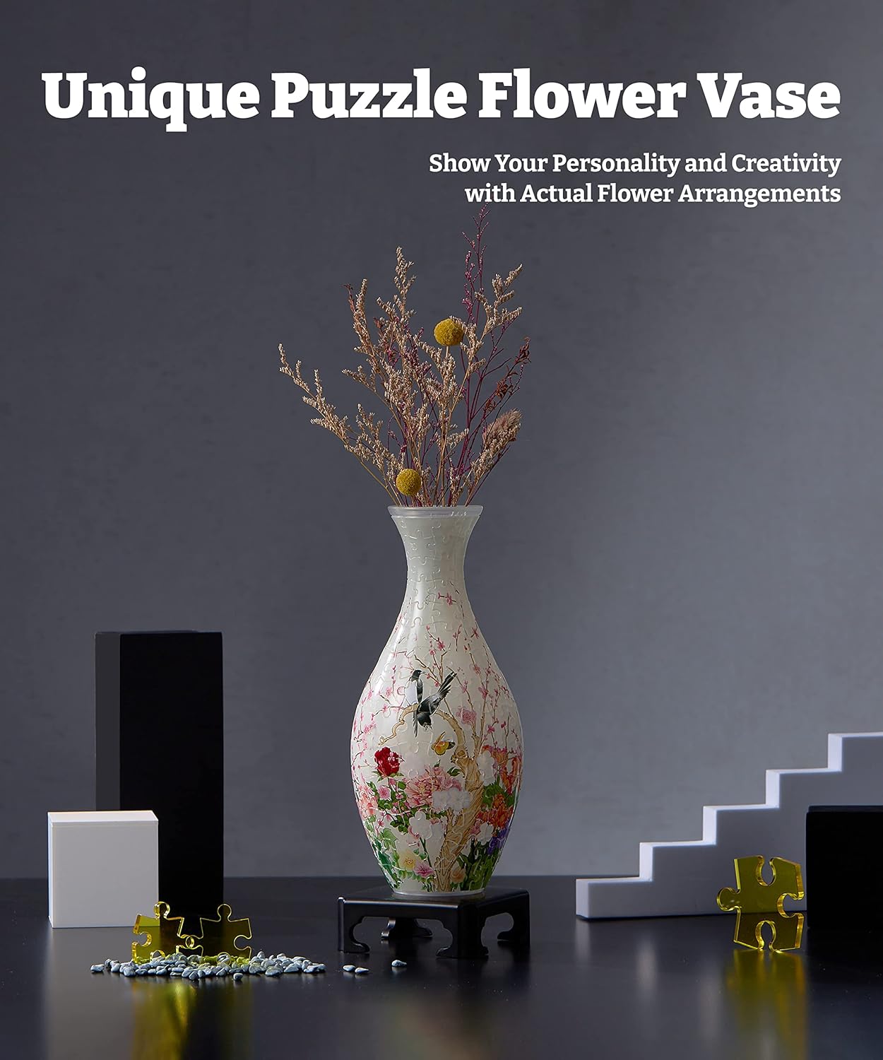 3D Puzzle Vase Unique Flower Vase Made by 160 Curved Plastic Puzzle Pieces House Warming Gift for Flower Arrangements and Home Decoration - [S1035] (Translucent, Flowers and Birds)-uFunSpace