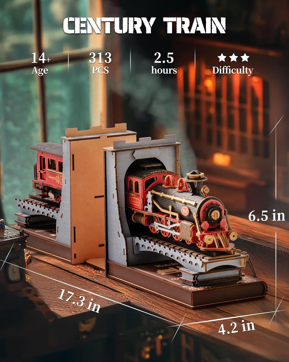 Dimensions of the assembled steam train bookend: 17.3 inches long by 6.5 inches high.